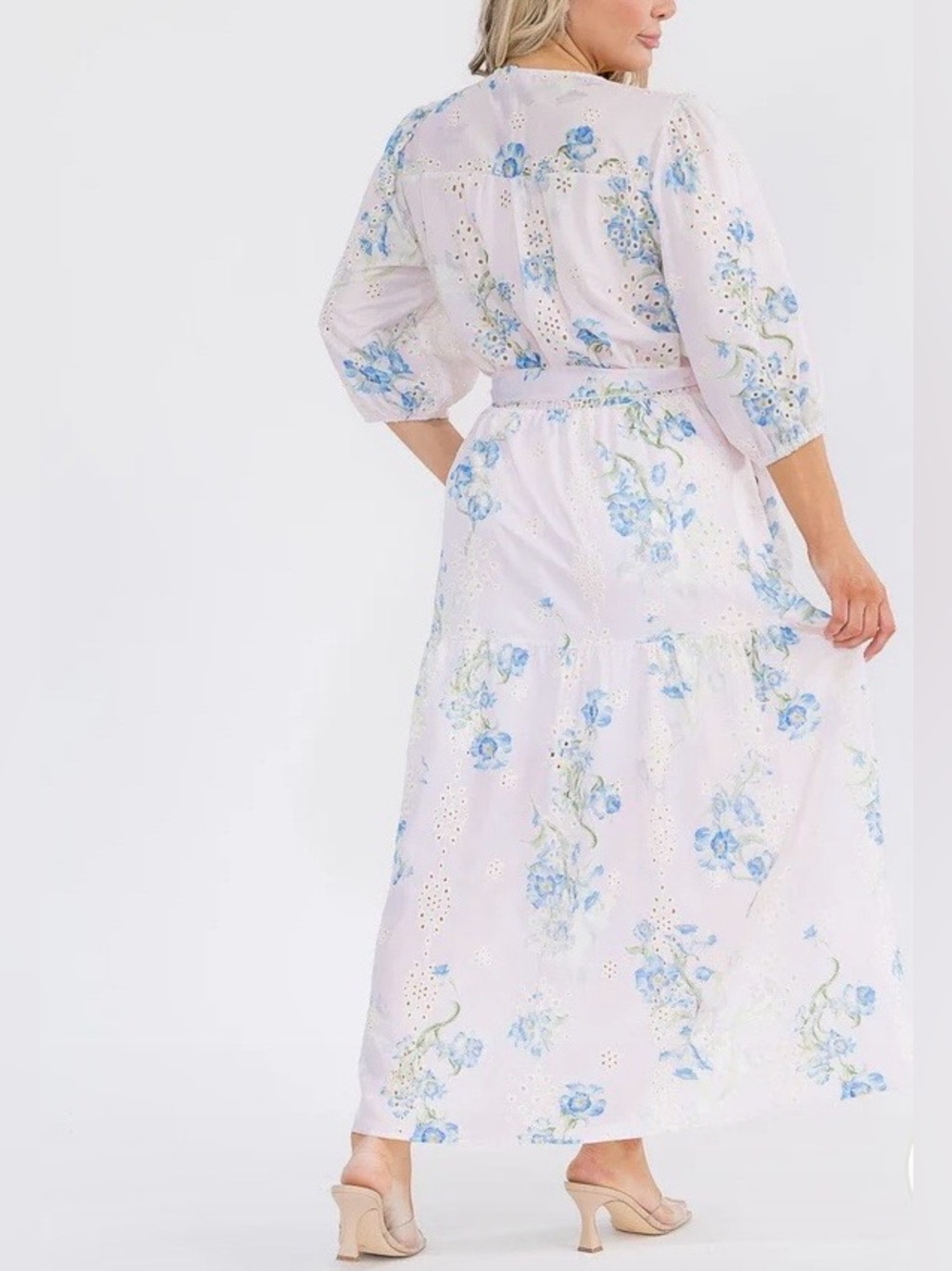 0254.  Light Floral Eyelet Wrap Maxi Dress in Blue - Picture 4 of 4